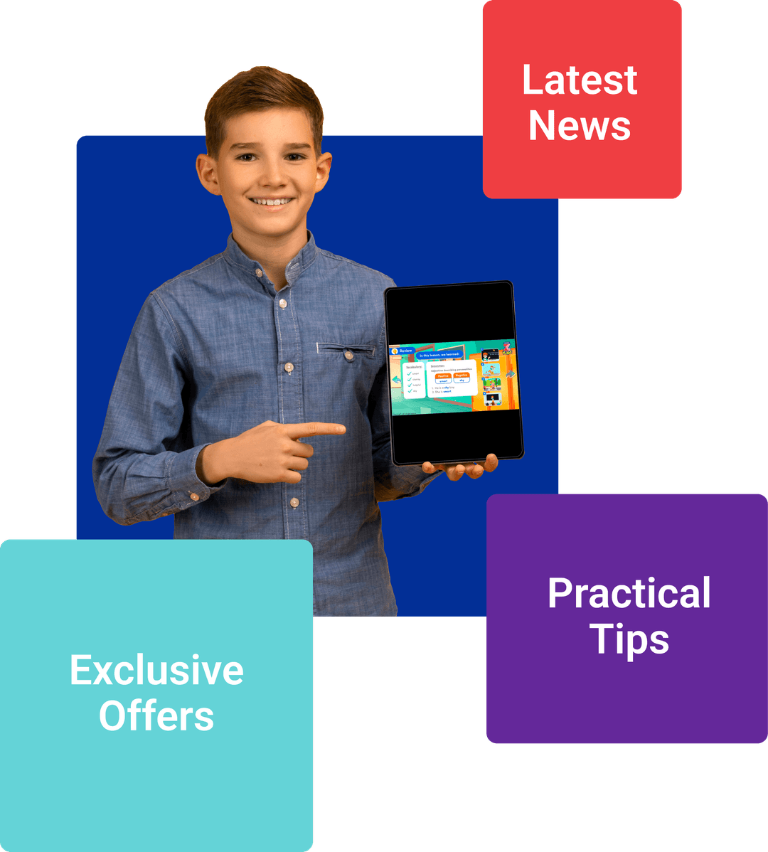 Boy with laptop in hand and promotions