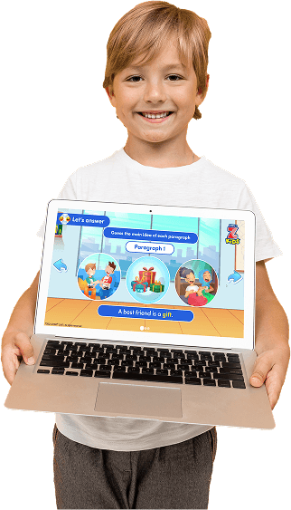 Smiling boy holding a laptop showing Zoni kids