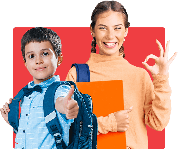 A kid and teanager standing with bag and book