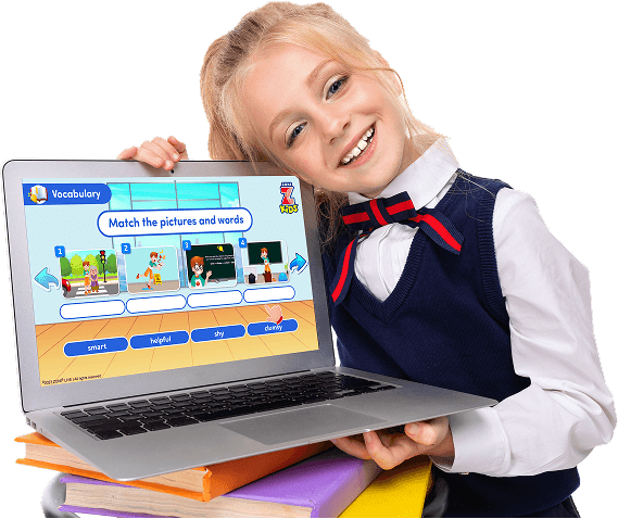 Blonde girl holds laptopZoniLive student with blonde hair using laptop for virtual ESL class