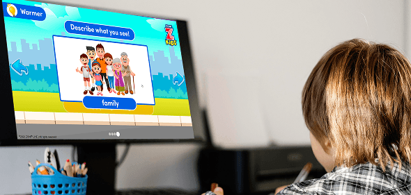 ZoniLive young learner engaged in fun and educational quiz on ZoniLive platform