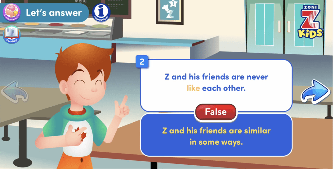 ZoniLive Kids interactive music-based English lesson with animated student answering questions