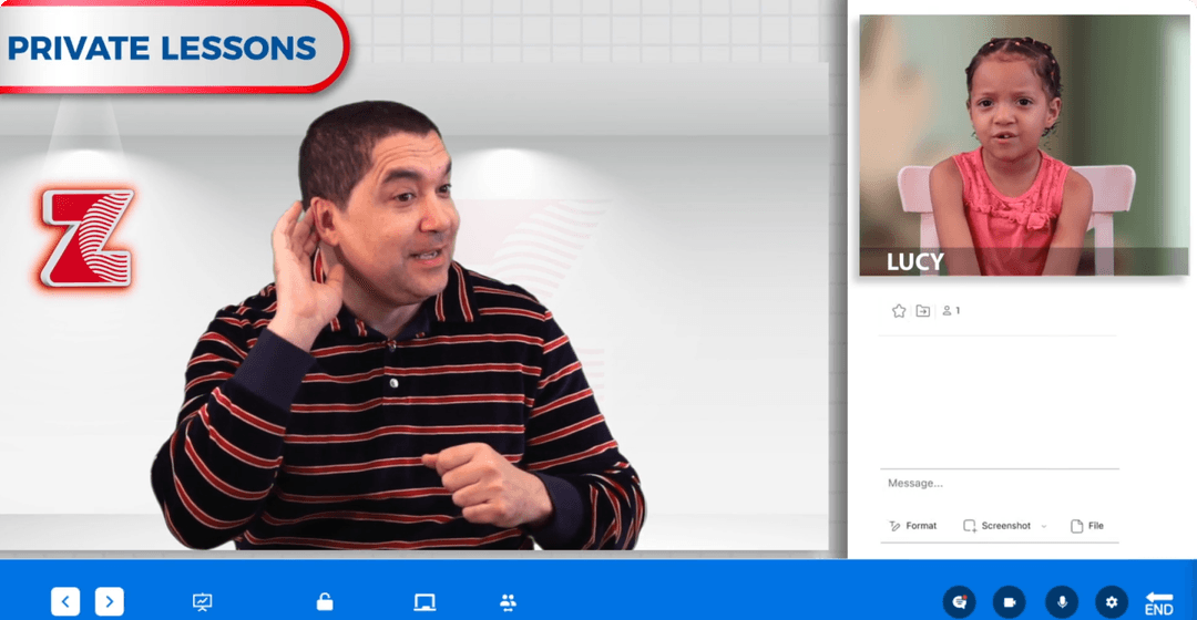 ZoniLive private ESL lesson with instructor and student using games like 'Simon Says' to teach English