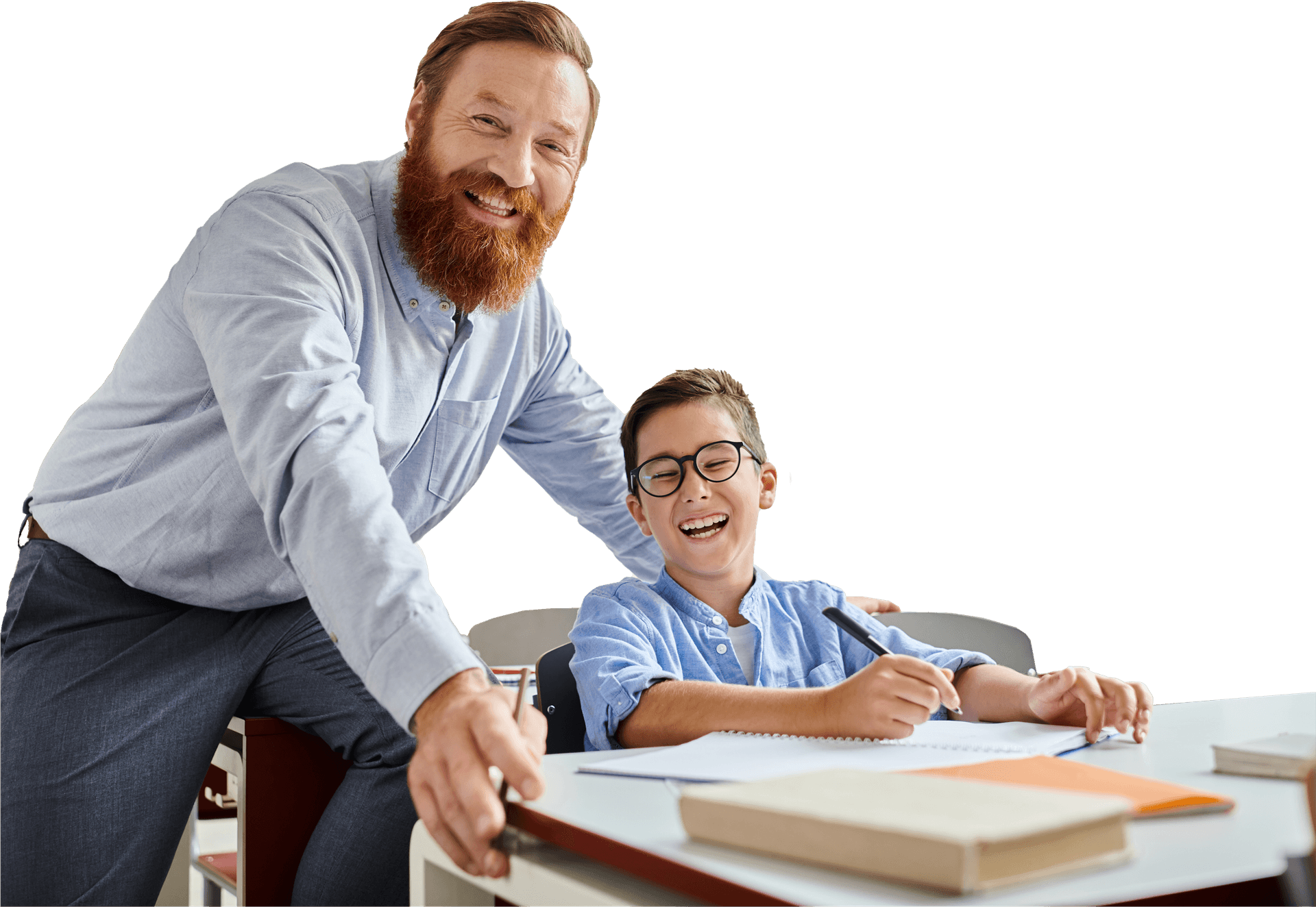 ZoniLive teacher smiling while helping student at desk during English class