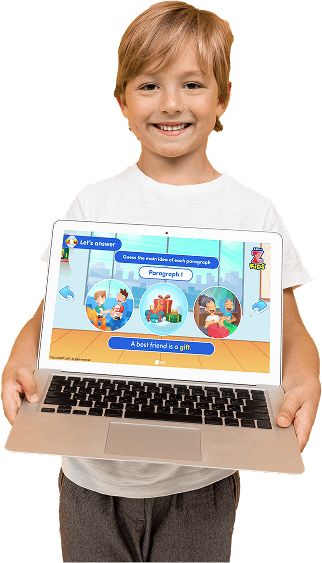 Smiling boy holding a laptop showing ZoniLive Kids' educational platform for online learning