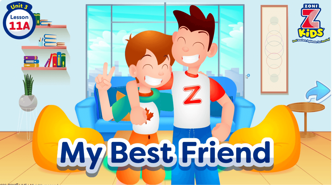 ZoniLive Kids animated lesson titled 'My Best Friend' teaching vocabulary through story time adventures