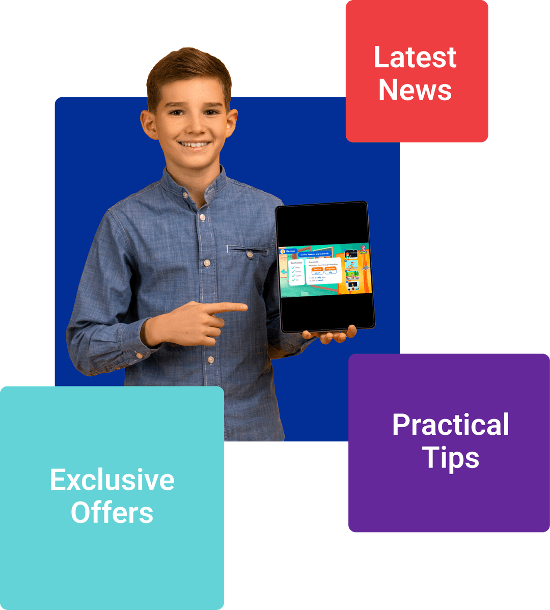 ZoniLive boy student holding laptop with promotional offer for English classes