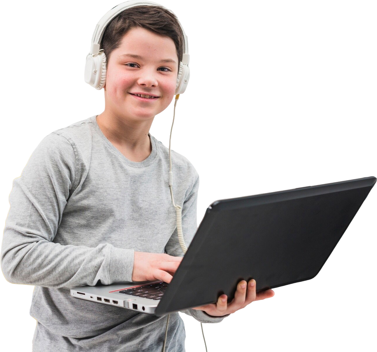 Young learner with headphones and laptop in a supportive online learning environment